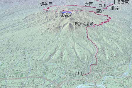 渋川から榛名山経由で長野原方面へ　赤は本日の経路