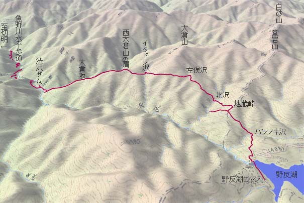 野反湖から地蔵峠･大倉坂経由で渋沢ダムへ　赤は本日の経路