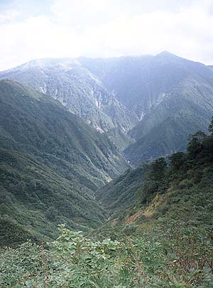 正面は朝日岳　湯桧曽川上流へ一直線に落ち込む谷　落ちると谷底へ真っ逆さま