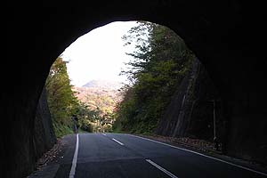 トンネルの向こうは明るい海岸の道