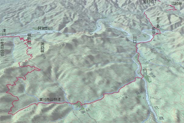 沼越峠、五十島から津川赤谷林道で津川へ　赤は本日の経路