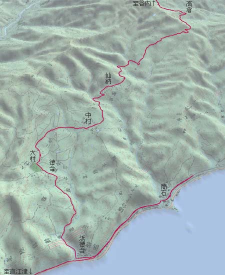 浜徳合から仙納経由で高倉へ　赤は本日の経路　濃い灰色は既済経路