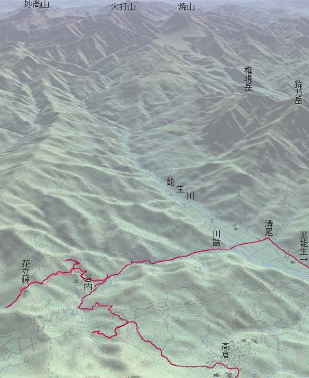 高倉から花立峠経由で溝尾へ　赤は本日の経路　濃い灰色は既済経路