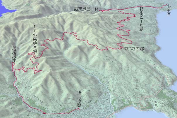 湯河原からしとどの巖駐車場経由で白銀林道、箱根湯本へ　赤は本日の経路