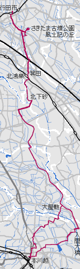 A地点からC経由でB地点へ　赤は本日の経路　濃い灰色は既済経路