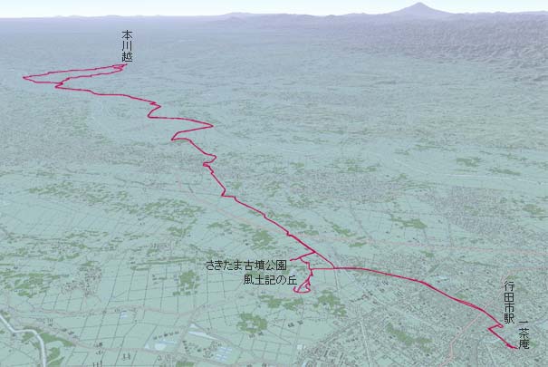 本川越からさいたま武蔵丘陵森林公園自転車道経由でさきたま古墳公園風土記の丘、行田市へ　赤は本日の経路