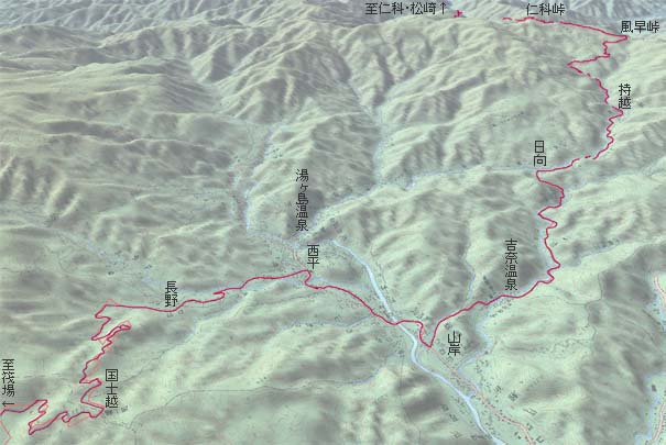 国士越から県道59･吉奈温泉経由で仁科峠へ　赤は本日の経路