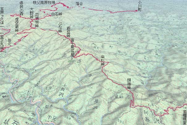 顔振峠から富士見茶屋･苅場坂峠経由で丸山林道へ　赤は本日の経路