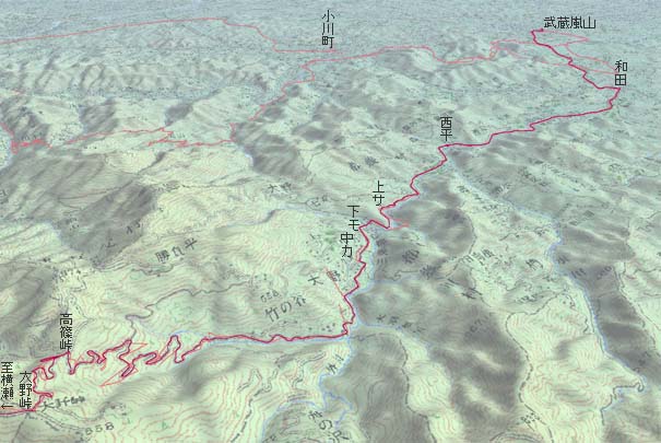 大野峠からときがわ村経由で武蔵嵐山へ　赤は本日の経路