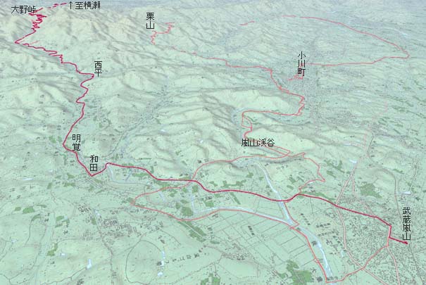 ときがわ村から武蔵嵐山へ　赤は本日の経路