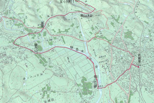 武蔵嵐山から大蔵経由で嵐山渓谷へ　赤は本日の経路