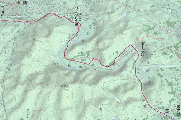 菩提から嵐山渓谷、小川町へ　赤は本日の経路