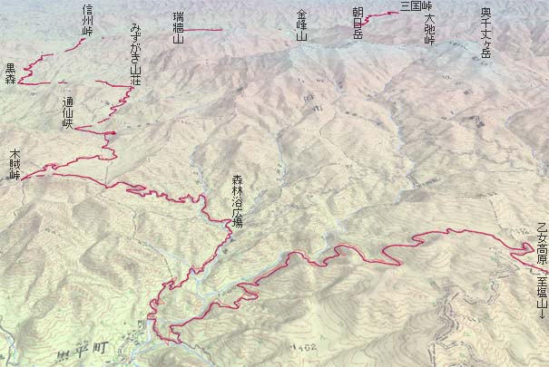 乙女高原からクリスタルライン経由で黒森、信州峠方面へ　赤は本日の経路