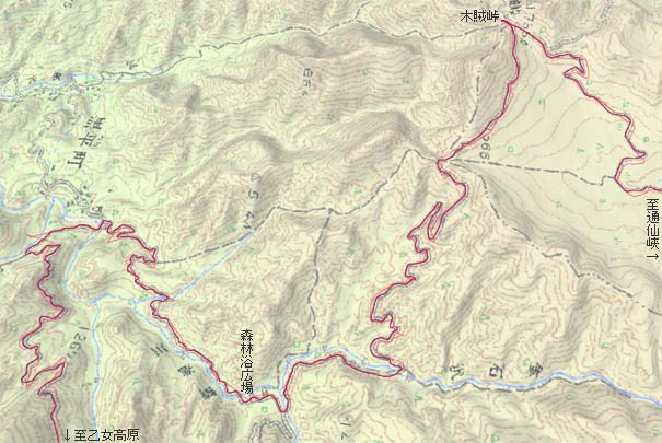 黒平町からクリスタルラインこと御岳林道･池の平林道経由で木賊峠へ　赤は本日の経路