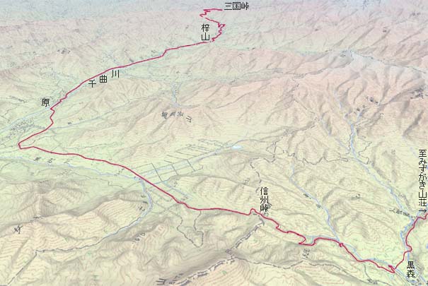 黒森から信州峠･原経由で梓山、三国峠へ　赤は本日の経路