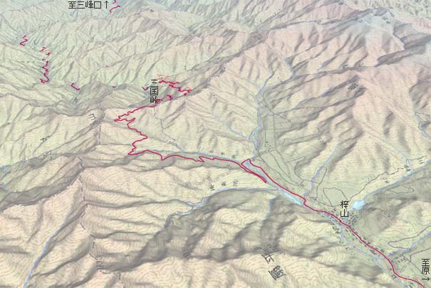 梓山から三国峠経由で中津川林道へ　赤は本日の経路