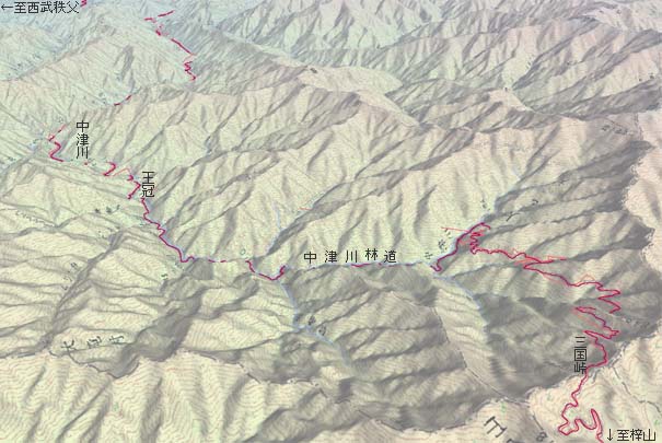 三国峠から中津川林道へ　赤は本日の経路