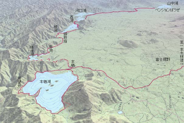 山中湖畔から富士吉田･河口湖経由で西湖･精進湖･本栖湖へ　赤は本日の経路