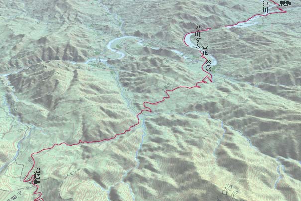 沼越峠から揚川ダム経由で津川、鹿瀬へ　赤は本日の経路