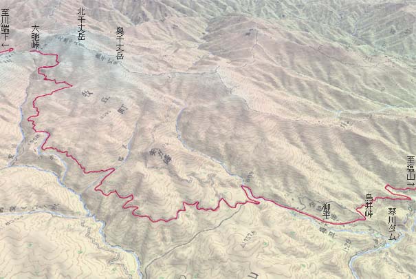 柳平から川上牧丘林道経由で大弛峠へ　赤は本日の経路