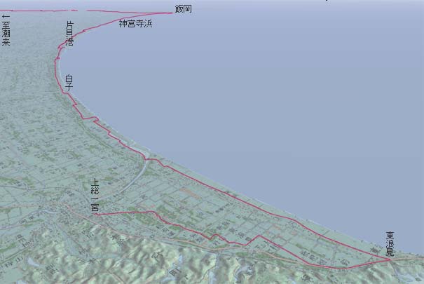 上総一ノ宮から九十九里浜自転車道他経由で飯岡へ　赤は本日の経路