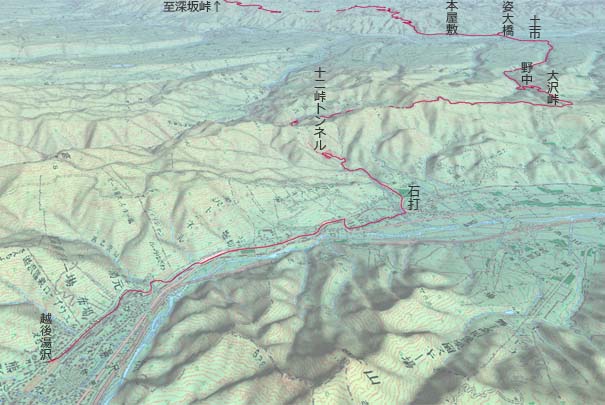 越後湯沢から魚沼スカイライン経由で土市へ　赤は本日の経路
