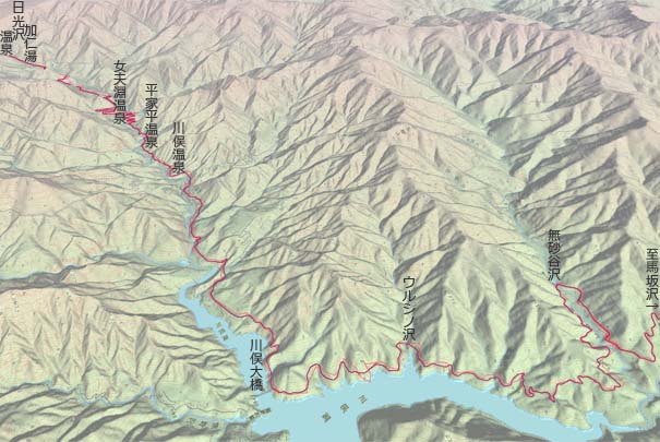 日光沢温泉から川俣湖経由で川俣檜枝岐林道へ　赤は本日の経路