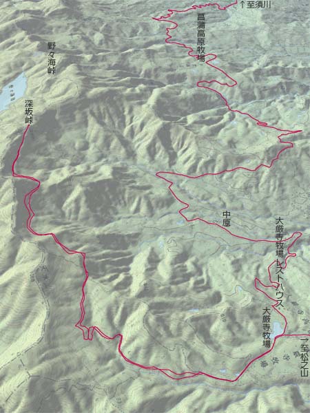深坂峠から大厳寺経由で菖蒲高原へ　赤は本日の経路