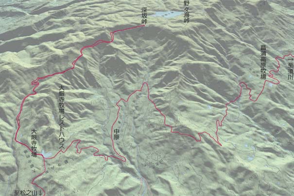 大厳寺から亀石林道経由で菖蒲高原へ　赤は本日の経路